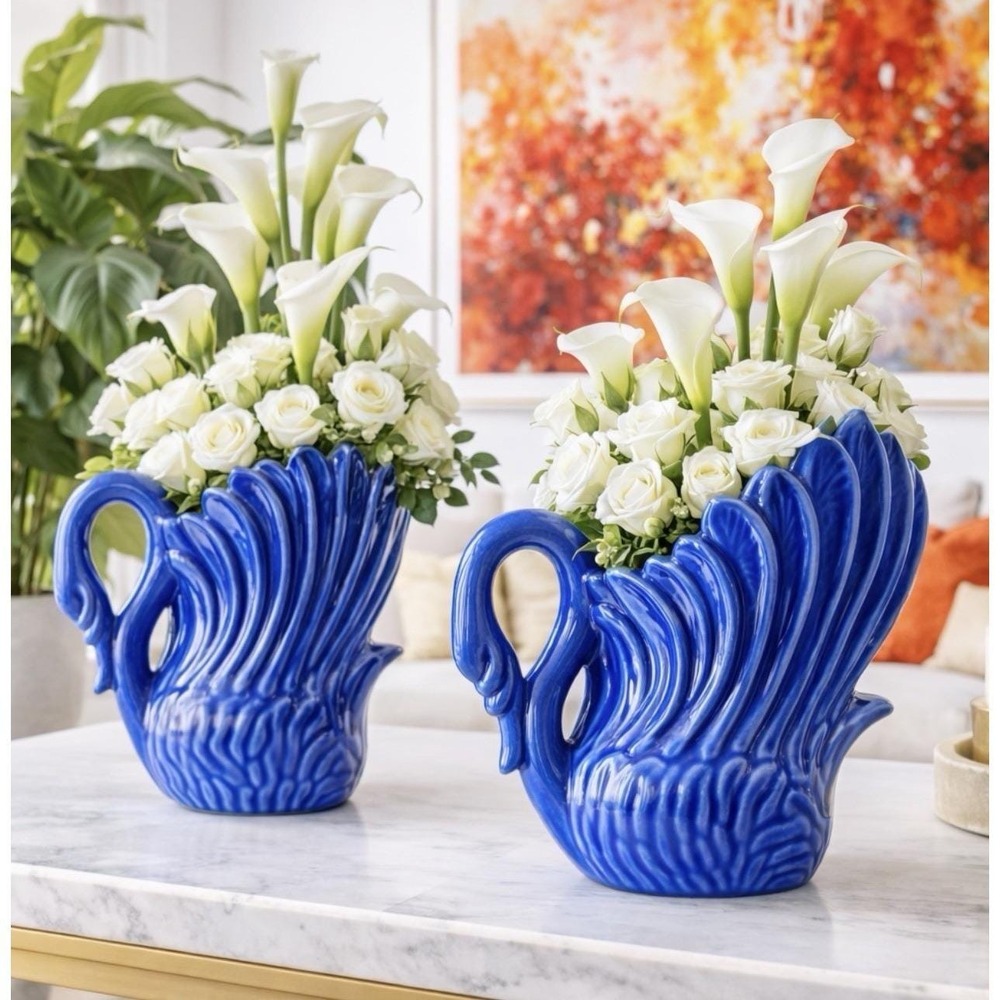 Cobalt Blue Swan Planters Vase Set of 2 Ceramic Mid Century Style 8" VTG